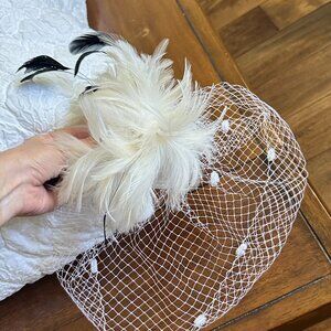White Kentucky Derby Hat Mesh with Feather
